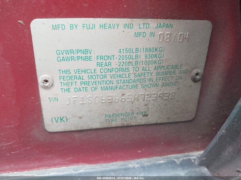 2005 Subaru Forester VIN JF1SG63665H723938 IAAI salvage auction — FRONT END, Salvage (Pennsylvania), sold $25 on 2026-07-28 (photo 9)