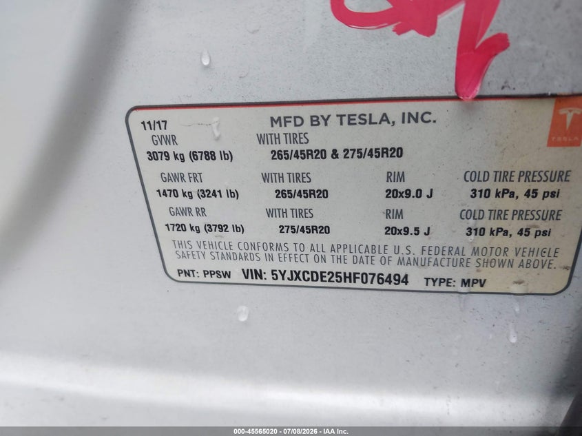 2017 Tesla Model x VIN 5YJXCDE25HF076494 IAAI salvage auction — REAR END, Salvage (Virginia), sold $6,900 on 2026-07-29 (photo 9)