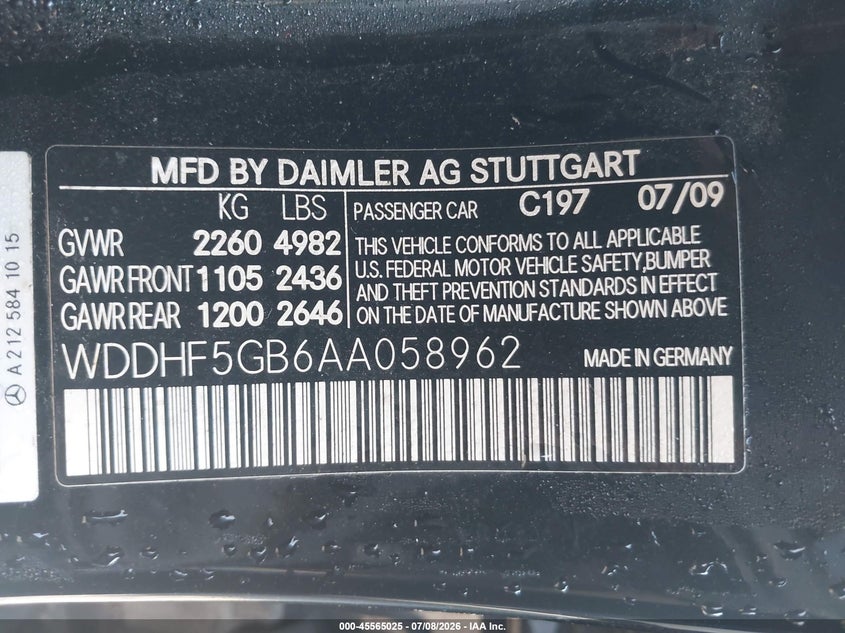 2010 Mercedes-benz E-class VIN WDDHF5GB6AA058962 IAAI salvage auction — FRONT END, Clear (Arkansas), sold $575 on 2026-08-05 (photo 9)