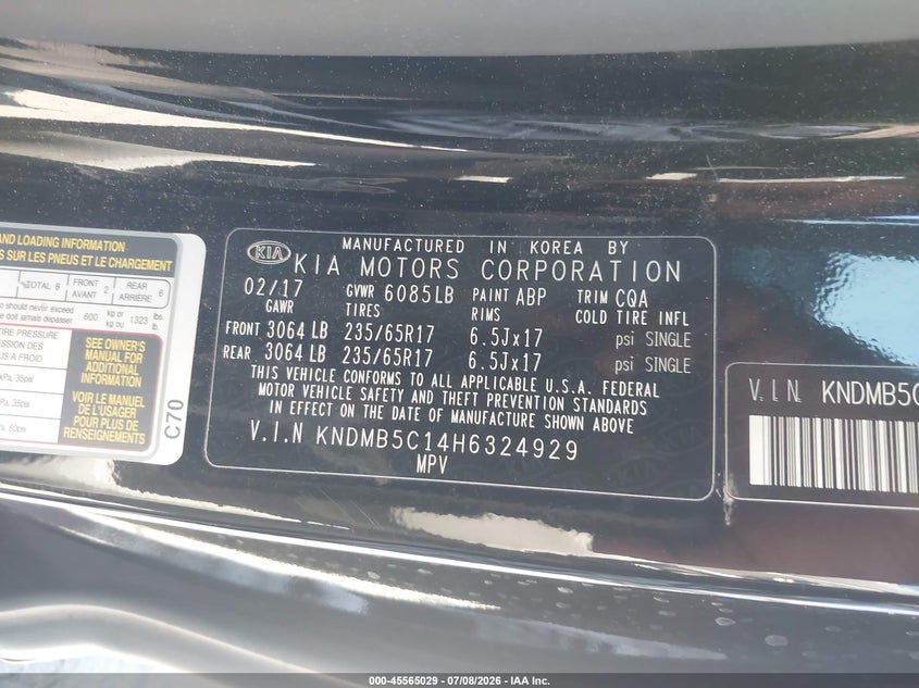 2017 Kia SEDONA VIN KNDMB5C14H6324929 IAAI salvage auction — NORMAL WEAR, Clear - Dealer Only (California), sold $900 on 2026-07-28 (photo 9)