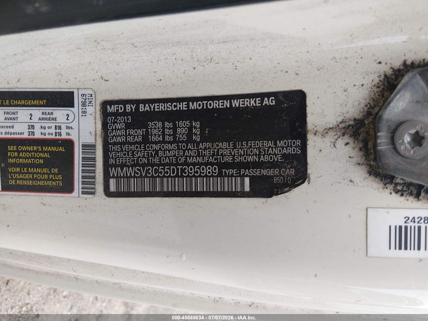 2013 Mini Hardtop VIN WMWSV3C55DT395989 IAAI salvage auction — NORMAL WEAR, Salvage Rebuilt (North Carolina), sold $275 on 2026-07-09 (photo 9)