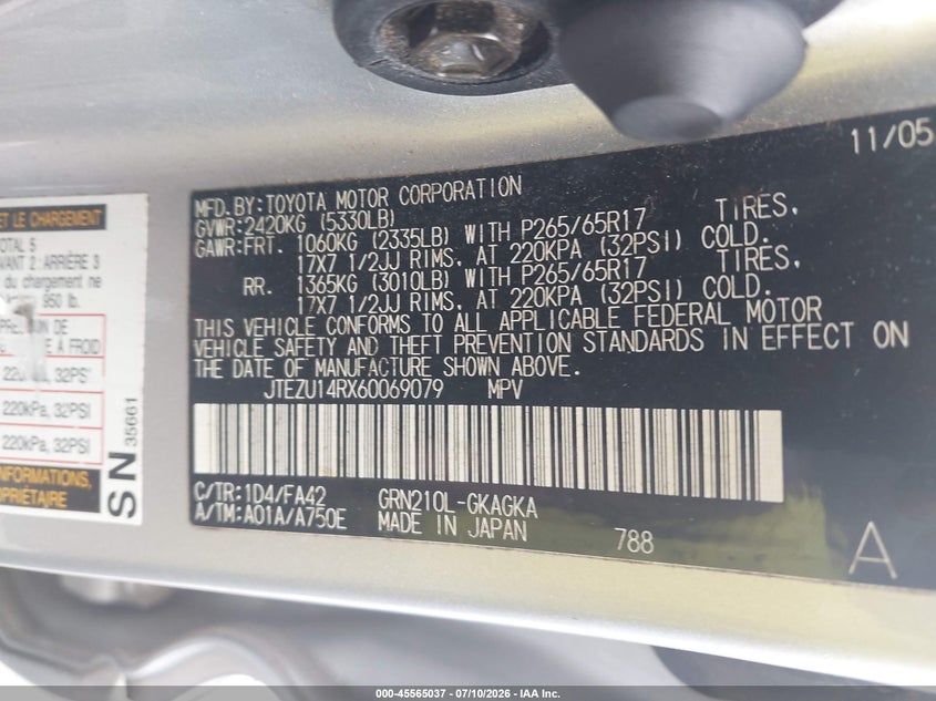 2006 Toyota 4runner VIN JTEZU14RX60069079 IAAI salvage auction — NORMAL WEAR, Clear (Tennessee), sold $1,950 on 2026-07-28 (photo 9)