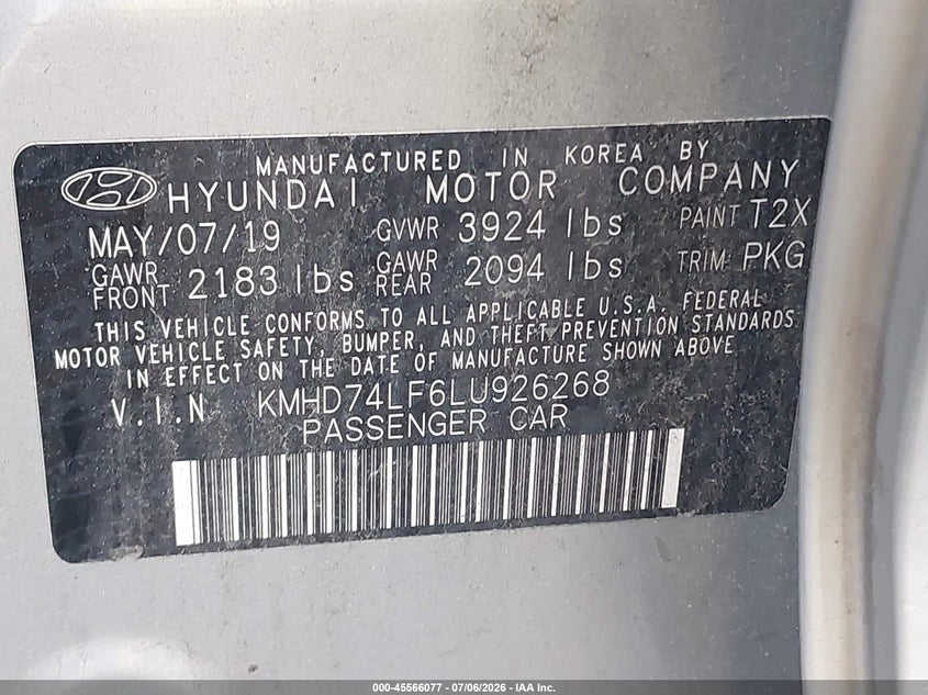 2020 Hyundai Elantra VIN KMHD74LF6LU926268 IAAI salvage auction — ENGINE DAMAGE, Salvage Title, sold $4,250 on 2026-07-09 (photo 9)