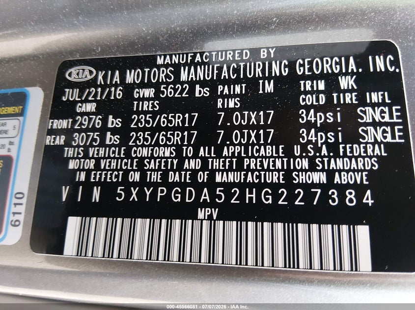 2017 Kia Sorento VIN 5XYPGDA52HG227384 IAAI salvage auction — ELECTRICAL, Clear (Virginia), sold $1,750 on 2026-07-11 (photo 9)