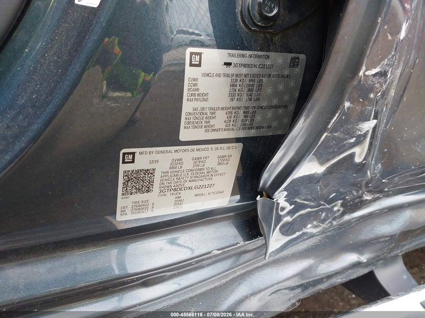 2020 Gmc SIERRA VIN 3GTP8DEDXLG221227 IAAI salvage auction — REAR END, Salvage Title, sold $9,100 on 2026-07-29 (photo 9)