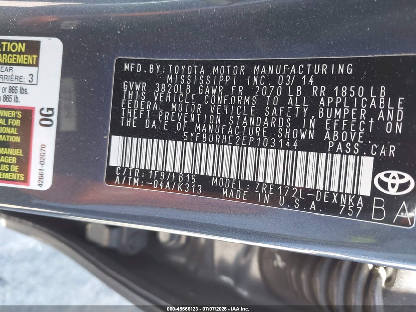 2014 Toyota Corolla VIN 5YFBURHE2EP103144 IAAI salvage auction — LEFT & RIGHT, Salvage (California), sold $2,350 on 2026-07-28 (photo 9)