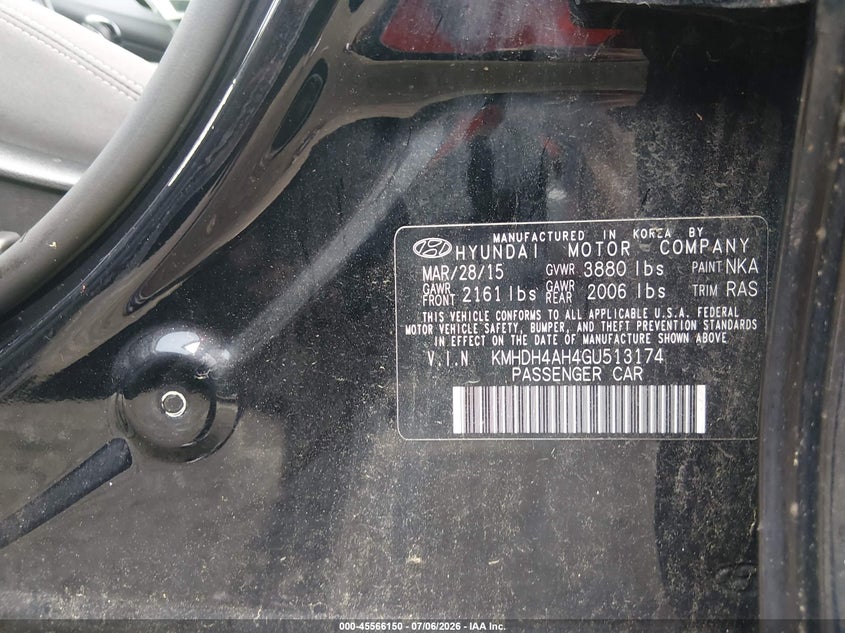 2016 Hyundai Elantra VIN KMHDH4AH4GU513174 IAAI salvage auction — NORMAL WEAR, Salvage Title, sold $1,675 on 2026-07-16 (photo 9)