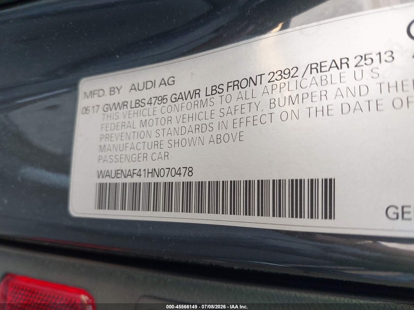 2017 Audi A4 VIN WAUENAF41HN070478 IAAI salvage auction — REAR END, Salvage (Connecticut), sold $4,600 on 2026-07-30 (photo 9)