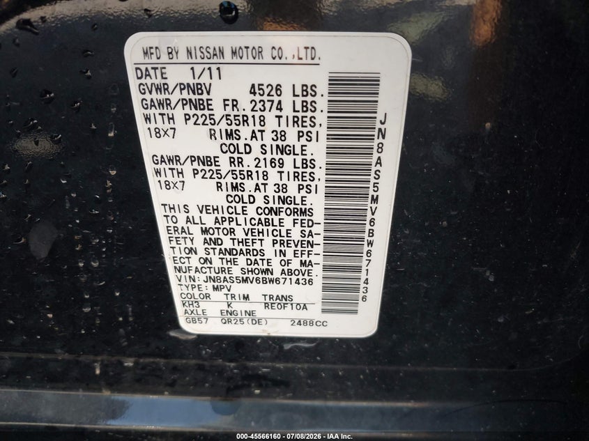 2011 Nissan Rogue VIN JN8AS5MV6BW671436 IAAI salvage auction — REAR END, Salvage (North Carolina), sold $300 on 2026-07-31 (photo 9)