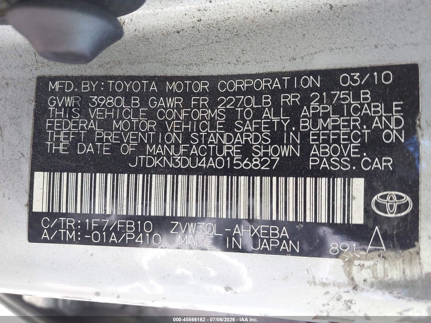 2010 Toyota Prius VIN JTDKN3DU4A0156827 IAAI salvage auction — NORMAL WEAR, Clear - Dealer Only (California), sold $1,550 on 2026-07-29 (photo 9)