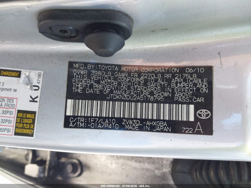 2010 Toyota Prius v VIN JTDKN3DU2A5178795 IAAI salvage auction — NORMAL WEAR, Salvage Title - Dealer (California), sold $300 on 2026-07-22 (photo 9)