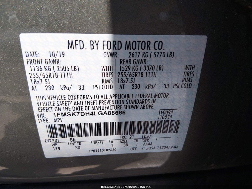 2020 Ford Explorer VIN 1FMSK7DH4LGA88666 IAAI salvage auction — REAR END, Salvage (North Carolina), sold $3,950 on 2026-07-30 (photo 9)