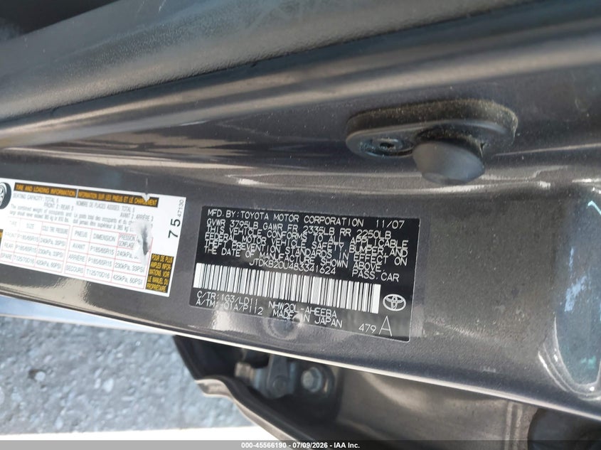 2008 Toyota Prius VIN JTDKB20U483341624 IAAI salvage auction — LEFT & RIGHT, Salvage Certificate (California), sold $525 on 2026-07-31 (photo 9)