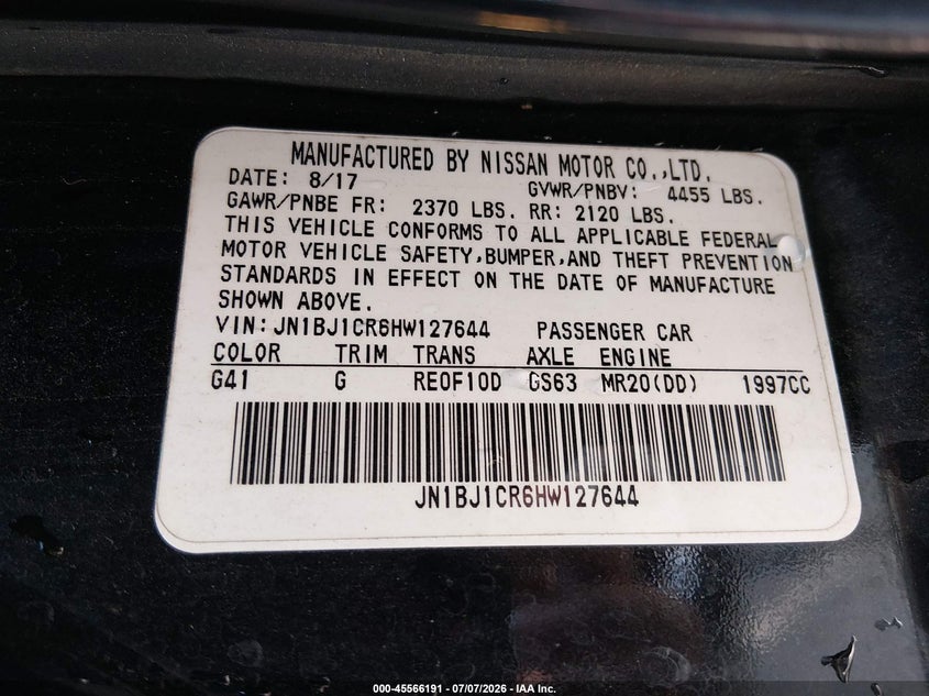 2017 Nissan Rogue VIN JN1BJ1CR6HW127644 IAAI salvage auction — LEFT REAR, Salvage (North Carolina), sold $25 on 2026-08-03 (photo 9)