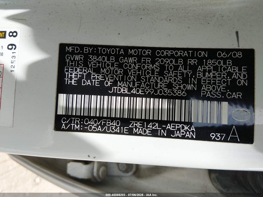 2009 Toyota Corolla VIN JTDBL40E99J035386 IAAI salvage auction — NORMAL WEAR, Original (Texas), sold $1,700 on 2026-07-21 (photo 9)