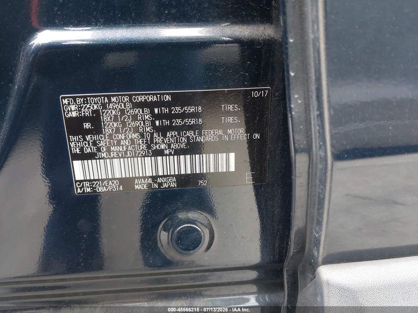 2018 Toyota Rav 4 VIN JTMDJREV1JD172913 IAAI salvage auction — FRONT END, Salvage Certificate (California), sold $3,450 on 2026-07-26 (photo 9)
