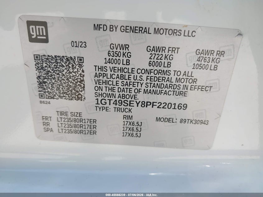 2023 Gmc SIERRA VIN 1GT49SEY8PF220169 IAAI salvage auction — ALL OVER, Salvage Title, sold $18,100 on 2026-07-17 (photo 8)