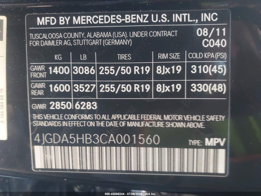 2012 Mercedes-benz M-klasse VIN 4JGDA5HB3CA001560 IAAI salvage auction — REAR END, Salvage Title, sold $2,150 on 2026-07-17 (photo 9)