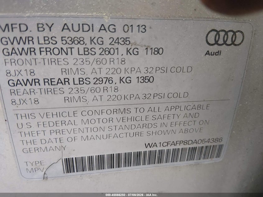 2013 Audi Q5 VIN WA1CFAFP8DA054386 IAAI salvage auction — MECHANICAL, Clear (Virginia), sold $650 on 2026-07-12 (photo 9)