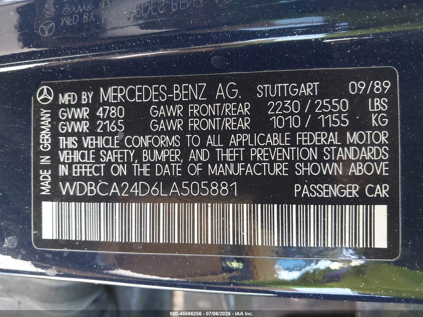 1990 Mercedes-benz 300 VIN WDBCA24D6LA505881 IAAI salvage auction — NORMAL WEAR, Clear - Dealer Only (California), sold $2,625 on 2026-07-15 (photo 9)