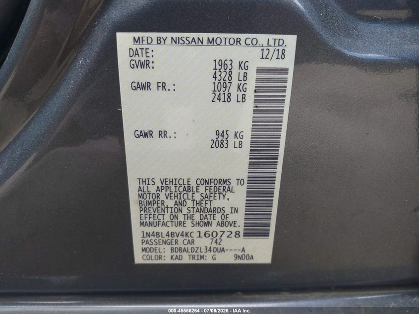 2019 Nissan Altima VIN 1N4BL4BV4KC160728 IAAI salvage auction — RIGHT SIDE, Wait Title, sold $3,975 on 2026-09-10 (photo 9)