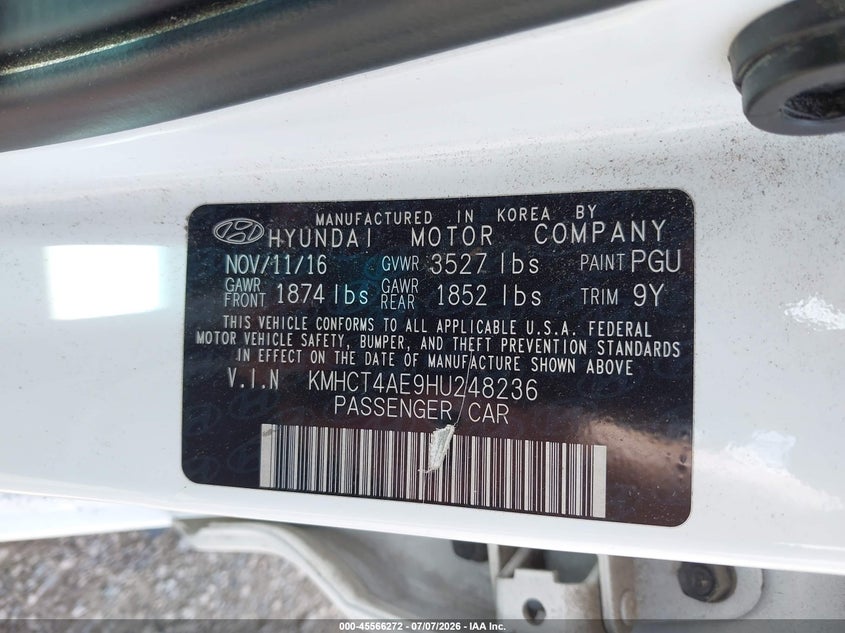 2017 Hyundai Accent VIN KMHCT4AE9HU248236 IAAI salvage auction — REAR END, Salvage (Pennsylvania), sold $1,050 on 2026-07-21 (photo 9)