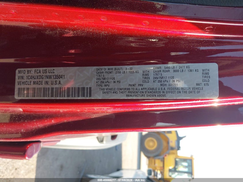 2022 Jeep Wrangler / VIN 1C4HJXDG1NW135041 IAAI salvage auction — REAR END, Salvage (Texas), sold $11,600 on 2026-07-28 (photo 9)