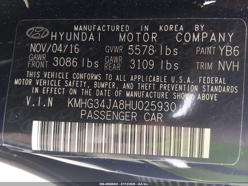 2017 Genesis G90 VIN KMHG34JA8HU025930 IAAI salvage auction — SIDE, Salvage (North Carolina), sold $5,900 on 2026-07-23 (photo 9)
