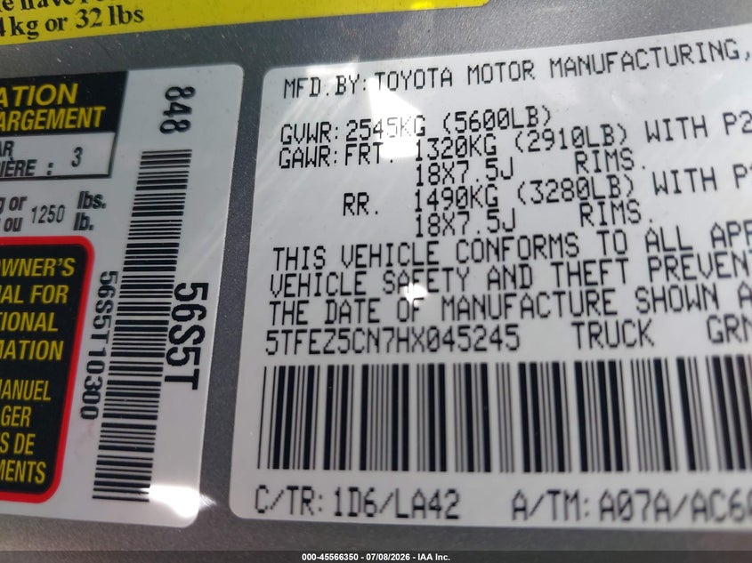 2017 Toyota Tacoma VIN 5TFEZ5CN7HX045245 IAAI salvage auction — NORMAL WEAR, Original (Texas), sold $17,800 on 2026-07-29 (photo 9)