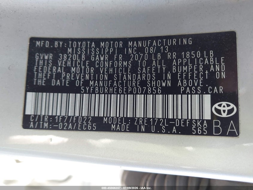 2014 Toyota Corolla VIN 5YFBURHE6EP007856 IAAI salvage auction — LEFT REAR, Salvage Title, sold $1,850 on 2026-07-31 (photo 9)