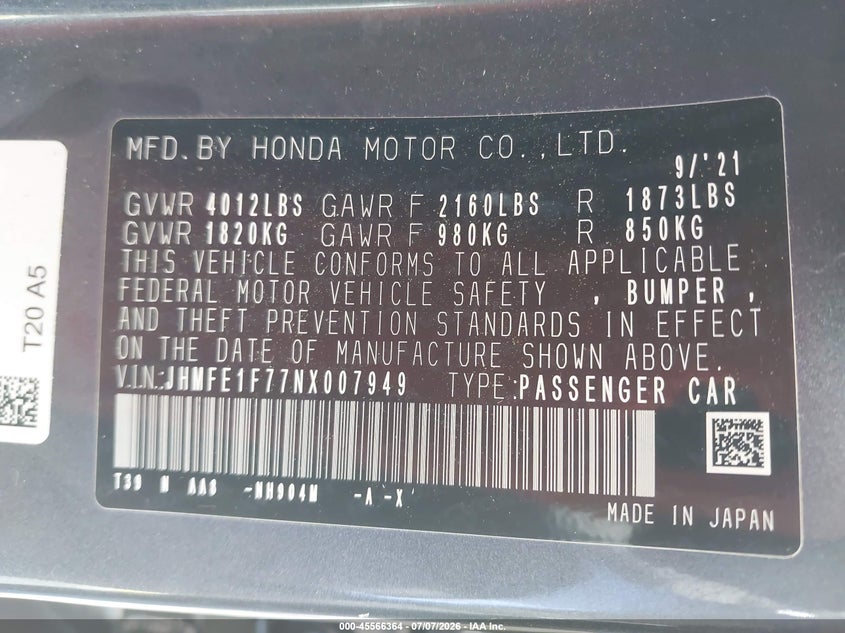 2022 Honda Civic VIN JHMFE1F77NX007949 IAAI salvage auction — SIDE, Salvage (Georgia), sold $2,050 on 2026-07-30 (photo 9)
