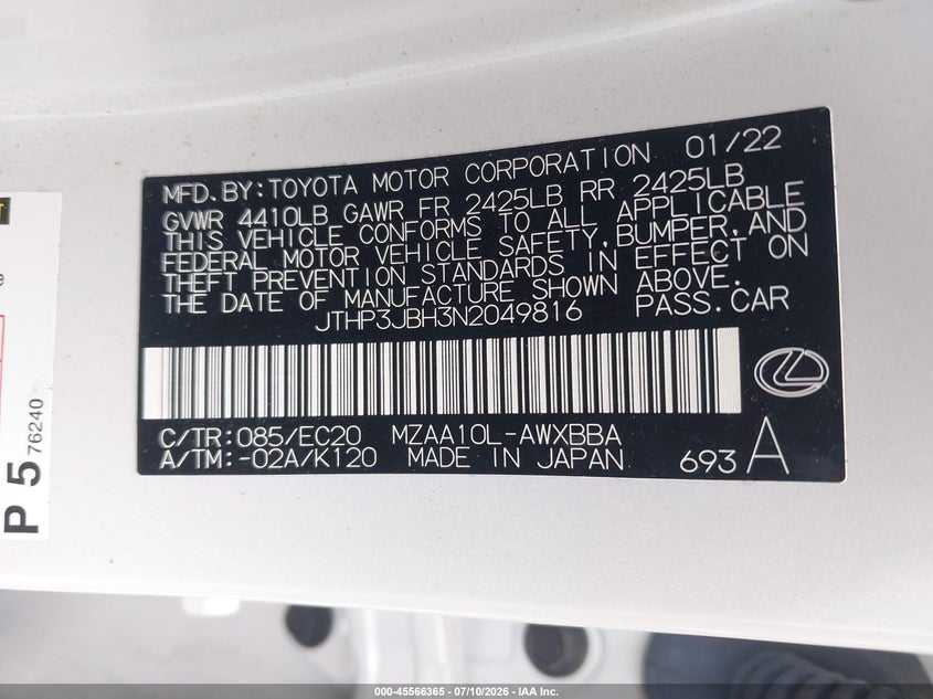 2022 Lexus Ux VIN JTHP3JBH3N2049816 IAAI salvage auction — REAR END, Wait Title, sold $9,600 on 2026-09-03 (photo 9)
