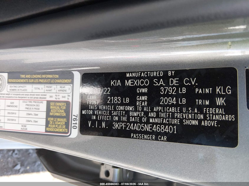 2022 Kia Forte VIN 3KPF24AD5NE468401 IAAI salvage auction — REAR END, Salvage Title, sold $2,650 on 2026-07-31 (photo 9)