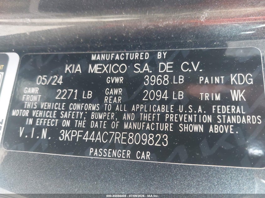 2024 Kia Forte VIN 3KPF44AC7RE809823 IAAI salvage auction — FRONT END, Salvage - 75% Or Less (Maryland), sold $7,400 on 2026-08-26 (photo 9)