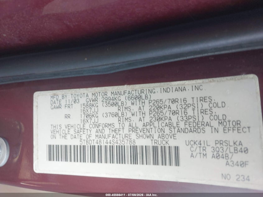 2004 Toyota Tundra VIN 5TBDT48144S435788 IAAI salvage auction — NORMAL WEAR, Clear (Massachusetts), sold $2,850 on 2026-07-31 (photo 9)