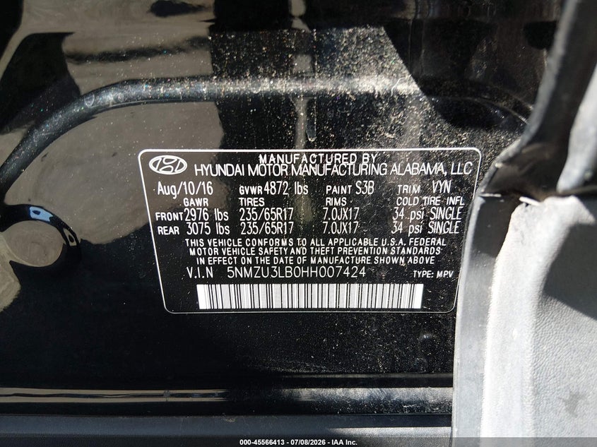 2017 Hyundai Santa fe VIN 5NMZU3LB0HH007424 IAAI salvage auction — NORMAL WEAR, Clear (New Jersey), sold $1,750 on 2026-07-10 (photo 9)