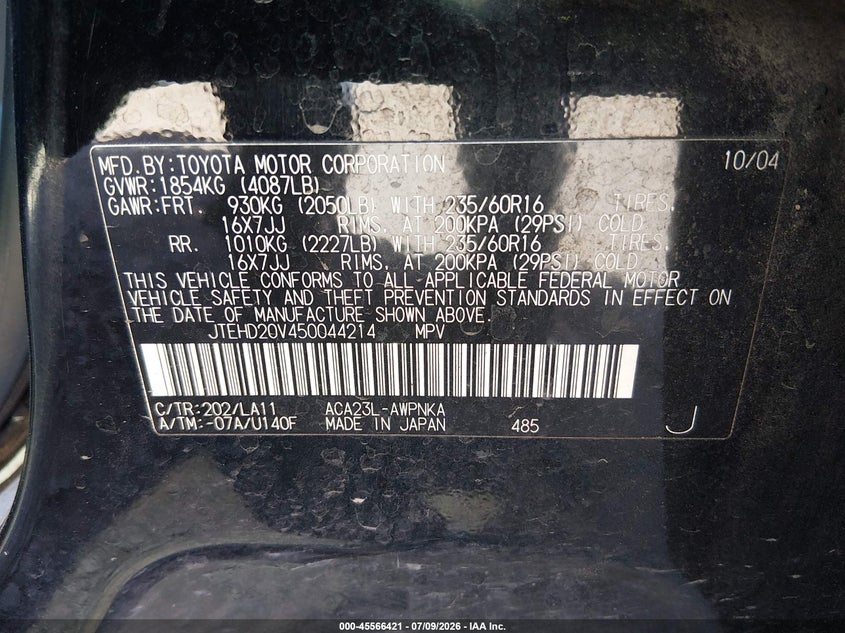 2005 Toyota Rav4 VIN JTEHD20V450044214 IAAI salvage auction — REAR END, Salvage (Nevada), sold $1,200 on 2026-07-24 (photo 9)