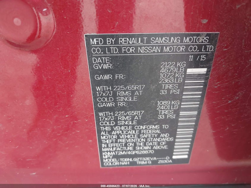 2016 Nissan Rogue VIN KNMAT2MV4GP628870 IAAI salvage auction — REAR END, Salvage (Pennsylvania), sold $25 on 2026-07-31 (photo 9)