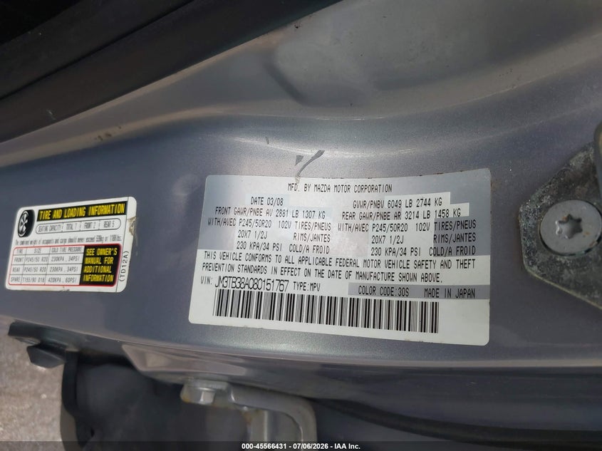 2008 Mazda Cx-9 VIN JM3TB38A080151767 IAAI salvage auction — NORMAL WEAR, Clear (New York), sold $375 on 2026-07-29 (photo 9)
