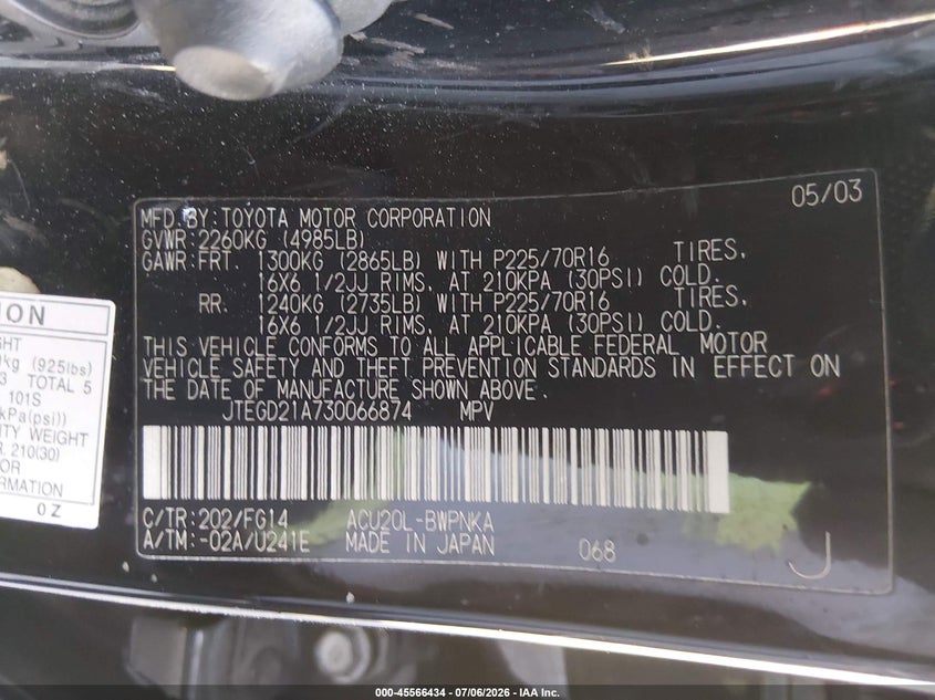 2003 Toyota Highlander VIN JTEGD21A730066874 IAAI salvage auction — NORMAL WEAR, Clear - Dealer Only (California), sold $200 on 2026-07-29 (photo 9)
