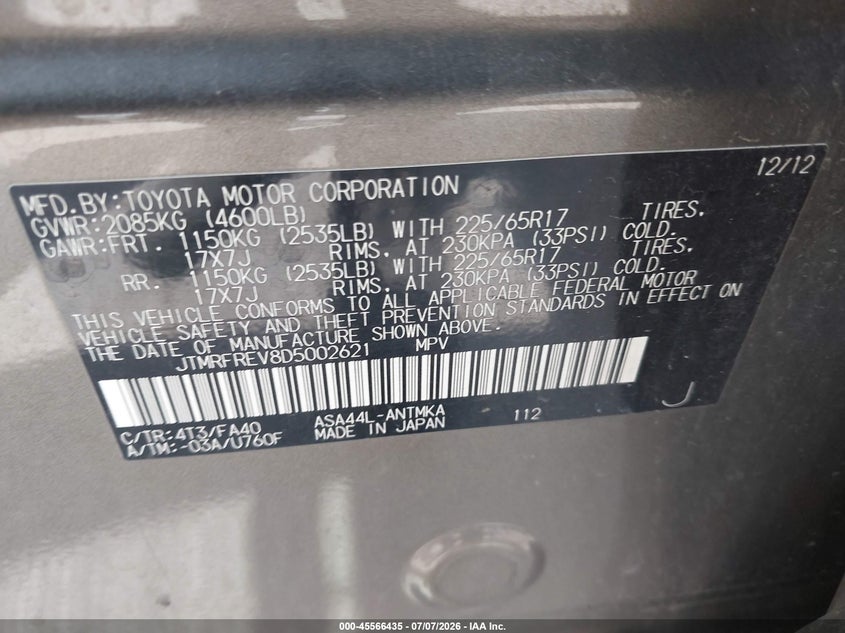 2013 Toyota Rav4 VIN JTMRFREV8D5002621 IAAI salvage auction — NORMAL WEAR, Regular Certificate (Iowa), sold $4,150 on 2026-07-14 (photo 9)