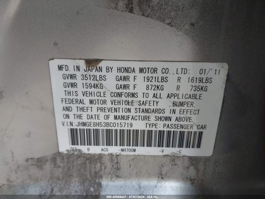 2011 Honda Fit VIN JHMGE8H53BC015719 IAAI salvage auction — FRONT END, Mv-907A (New York), sold $400 on 2026-07-28 (photo 9)