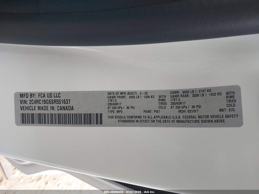 2025 Chrysler Pacifica VIN 2C4RC1BG6SR551637 IAAI salvage auction — MECHANICAL, Enterprise Vehicles Clear Only (California), sold $15,400 on 2026-07-10 (photo 9)