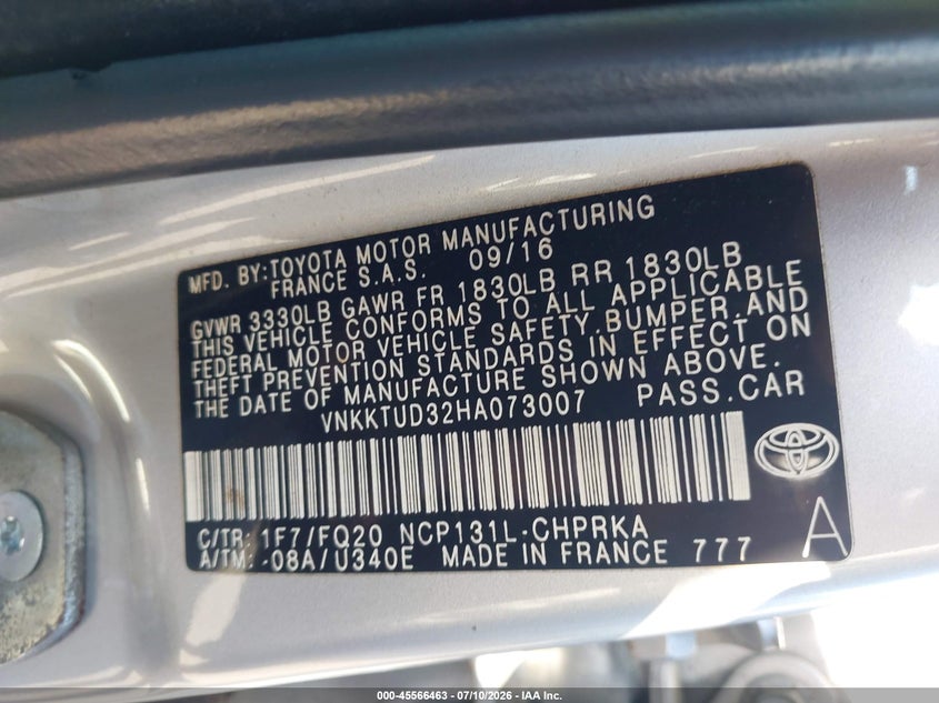 2017 Toyota Yaris VIN VNKKTUD32HA073007 IAAI salvage auction — NORMAL WEAR, Clear (Connecticut), sold $1,800 on 2026-07-18 (photo 9)