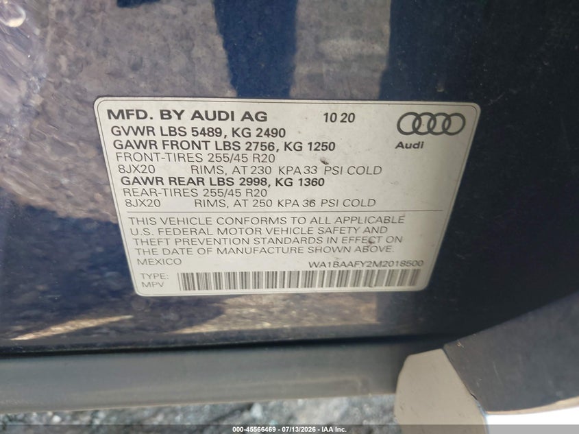 2021 Audi Q5 VIN WA1BAAFY2M2018500 IAAI salvage auction — ROOF, Salvage Title, sold $11,400 on 2026-08-02 (photo 9)