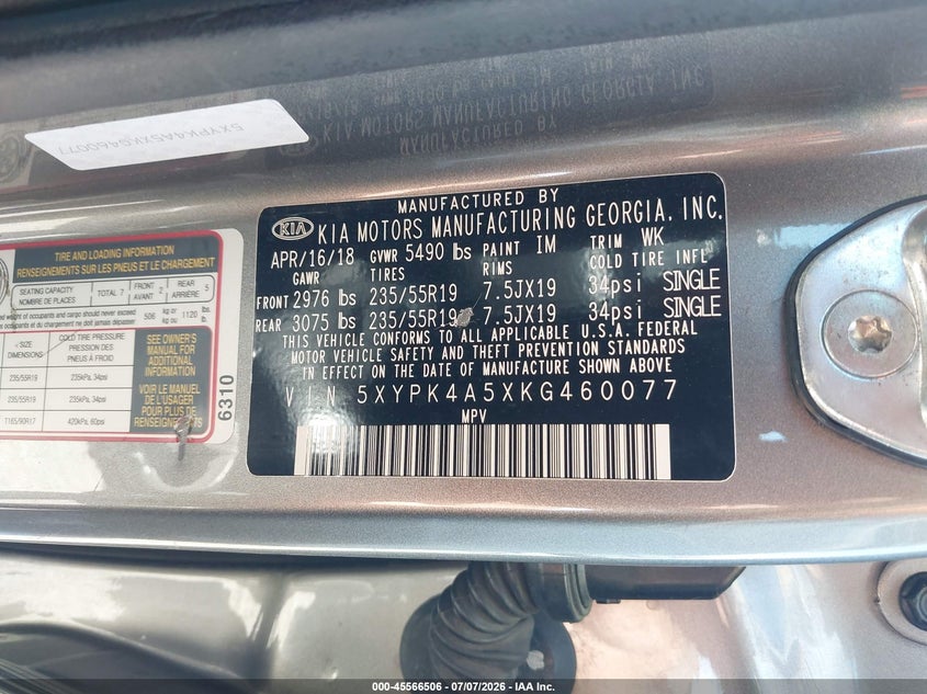2019 Kia Sorento VIN 5XYPK4A5XKG460077 IAAI salvage auction — RIGHT FRONT, Salvage (California), sold $25 on 2026-07-30 (photo 9)