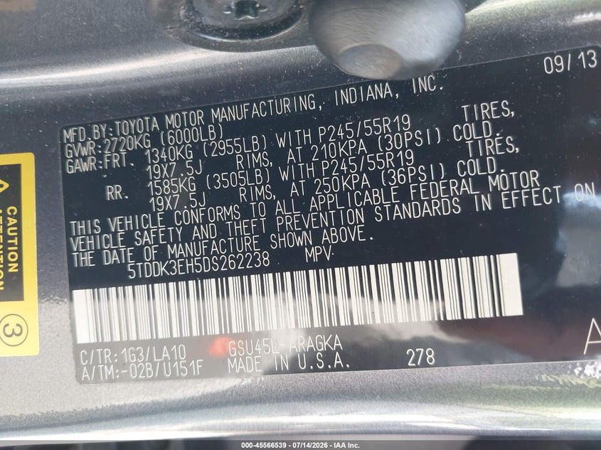 2013 Toyota Highlander VIN 5TDDK3EH5DS262238 IAAI salvage auction — NORMAL WEAR, Clear-Dealer Only (Kentucky), sold $5,900 on 2026-07-16 (photo 9)