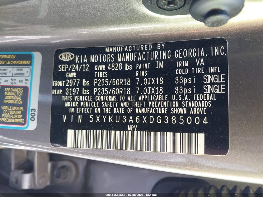 2013 Kia Sorento VIN 5XYKU3A6XDG385004 IAAI salvage auction — NORMAL WEAR, Clear (South Carolina), sold $800 on 2026-07-11 (photo 9)