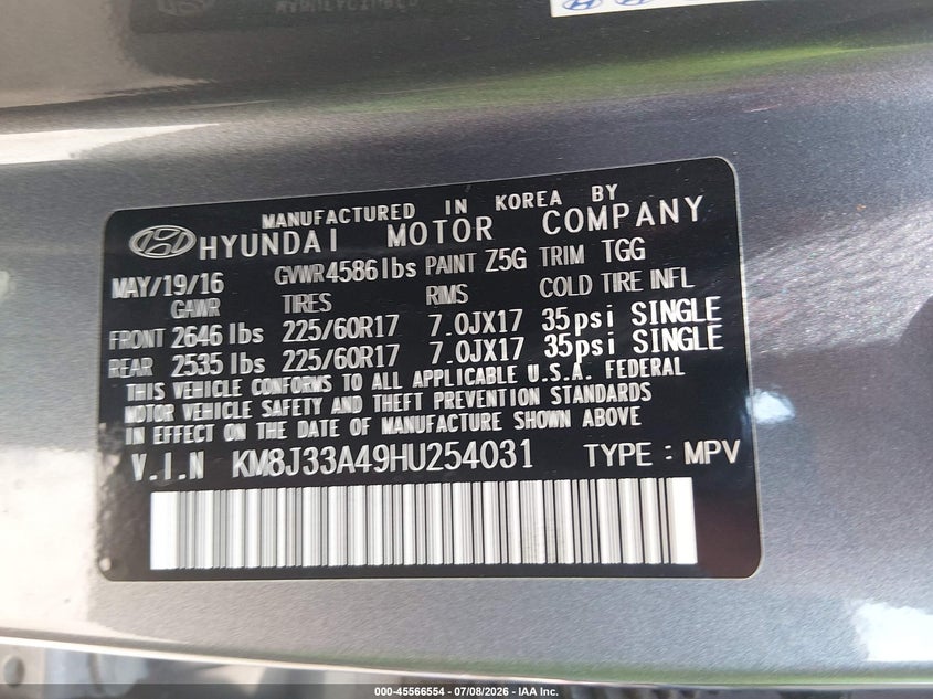 2017 Hyundai Tucson VIN KM8J33A49HU254031 IAAI salvage auction — UNKNOWN, Salvage Title, sold $2,350 on 2026-08-02 (photo 9)