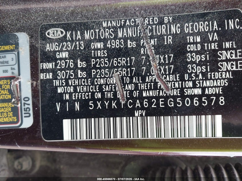 2014 Kia Sorento VIN 5XYKTCA62EG506578 IAAI salvage auction — NORMAL WEAR, Original (Maine), sold $725 on 2026-07-10 (photo 9)